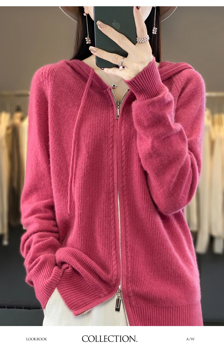 DjzDsm New Women’s 100% Merino Wool Cardigan Hooded Zipper Sweater Spring Autumn Winter Raglan Sleeve Cashmere Knitwear Tops