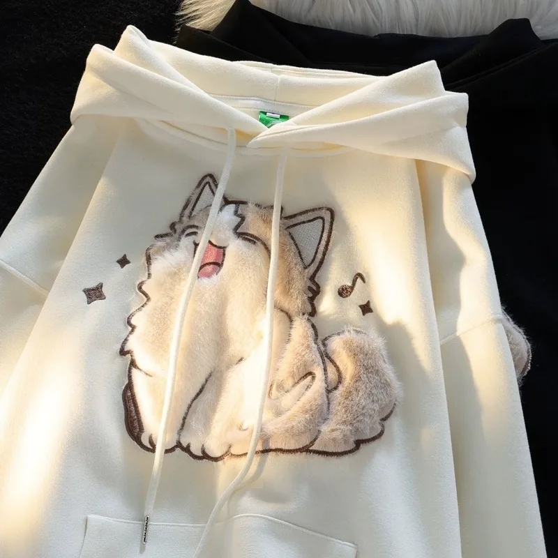 Streetwear BF Women Hoodies 2025 Ropa Mujer Preppy Style Cat Embroidery Hooded Thicked Sweatshirs Casual Chic Y2k Hoodie 7p742