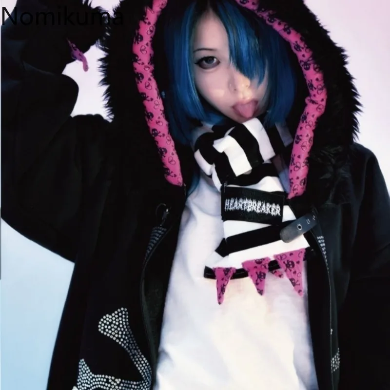 Gothic Y2K Hoodied Jackets Women Harajuku Fashion Hooded Coats Skull Thicked Casual Black Tops Winter Sweatshirts Punk Hoodie