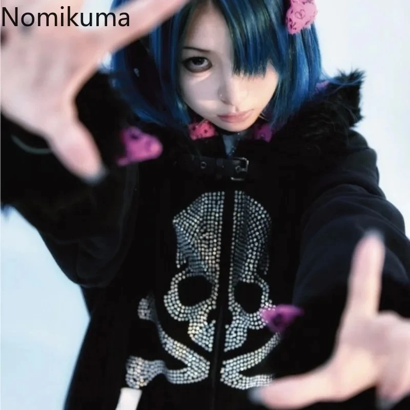 Gothic Y2K Hoodied Jackets Women Harajuku Fashion Hooded Coats Skull Thicked Casual Black Tops Winter Sweatshirts Punk Hoodie