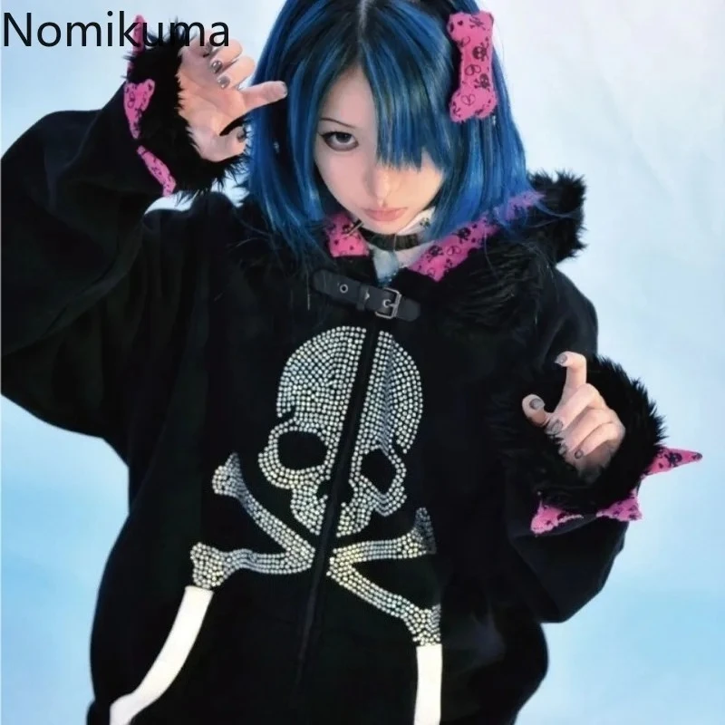 Gothic Y2K Hoodied Jackets Women Harajuku Fashion Hooded Coats Skull Thicked Casual Black Tops Winter Sweatshirts Punk Hoodie