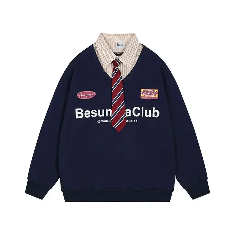 College Tie POLO Shirt Fake Two Piece Sweatshirt Large Size Long Sleeve Pullover Men Women Oversized Korean Fashion Y2k Clothes