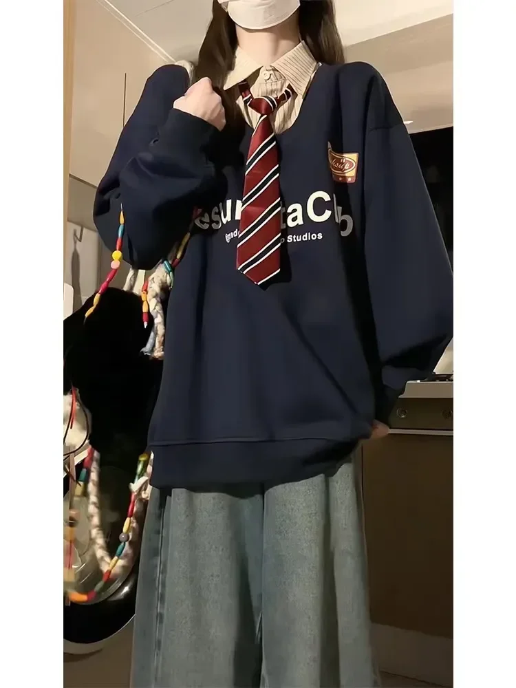 College Tie POLO Shirt Fake Two Piece Sweatshirt Large Size Long Sleeve Pullover Men Women Oversized Korean Fashion Y2k Clothes
