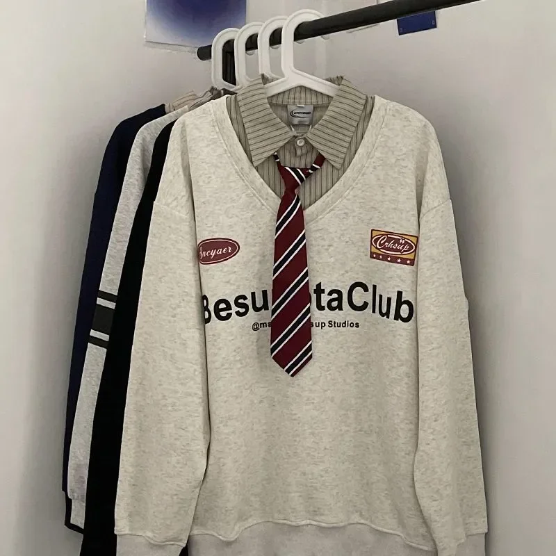 College Tie POLO Shirt Fake Two Piece Sweatshirt Large Size Long Sleeve Pullover Men Women Oversized Korean Fashion Y2k Clothes