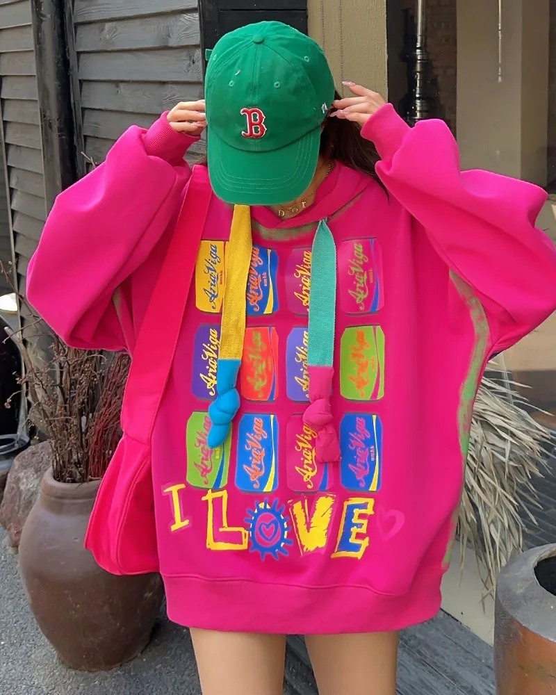 Trend Graffiti Y2k Hoodies Sweatshirt Tops Women 2026 Autumn Cotton Casual Long Sleeve Oversized Tops Outwear Streetwear Bust150