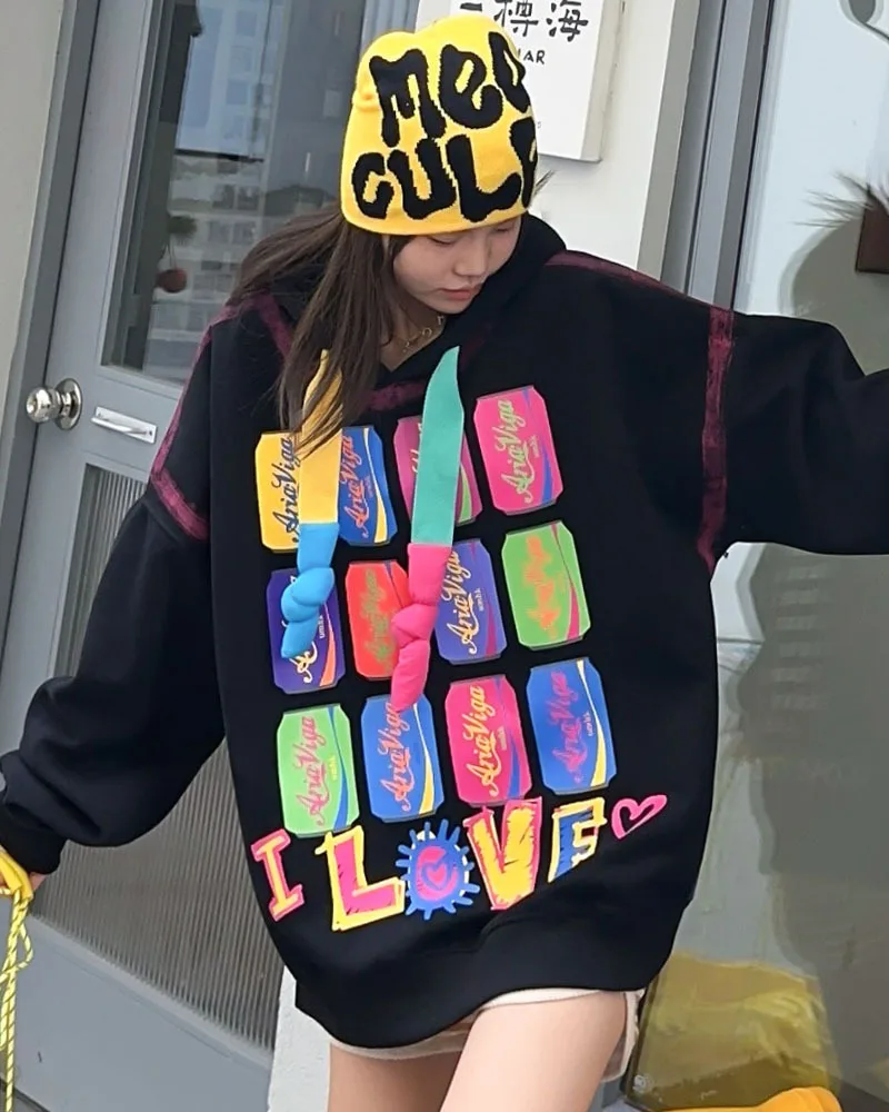 Trend Graffiti Y2k Hoodies Sweatshirt Tops Women 2026 Autumn Cotton Casual Long Sleeve Oversized Tops Outwear Streetwear Bust150