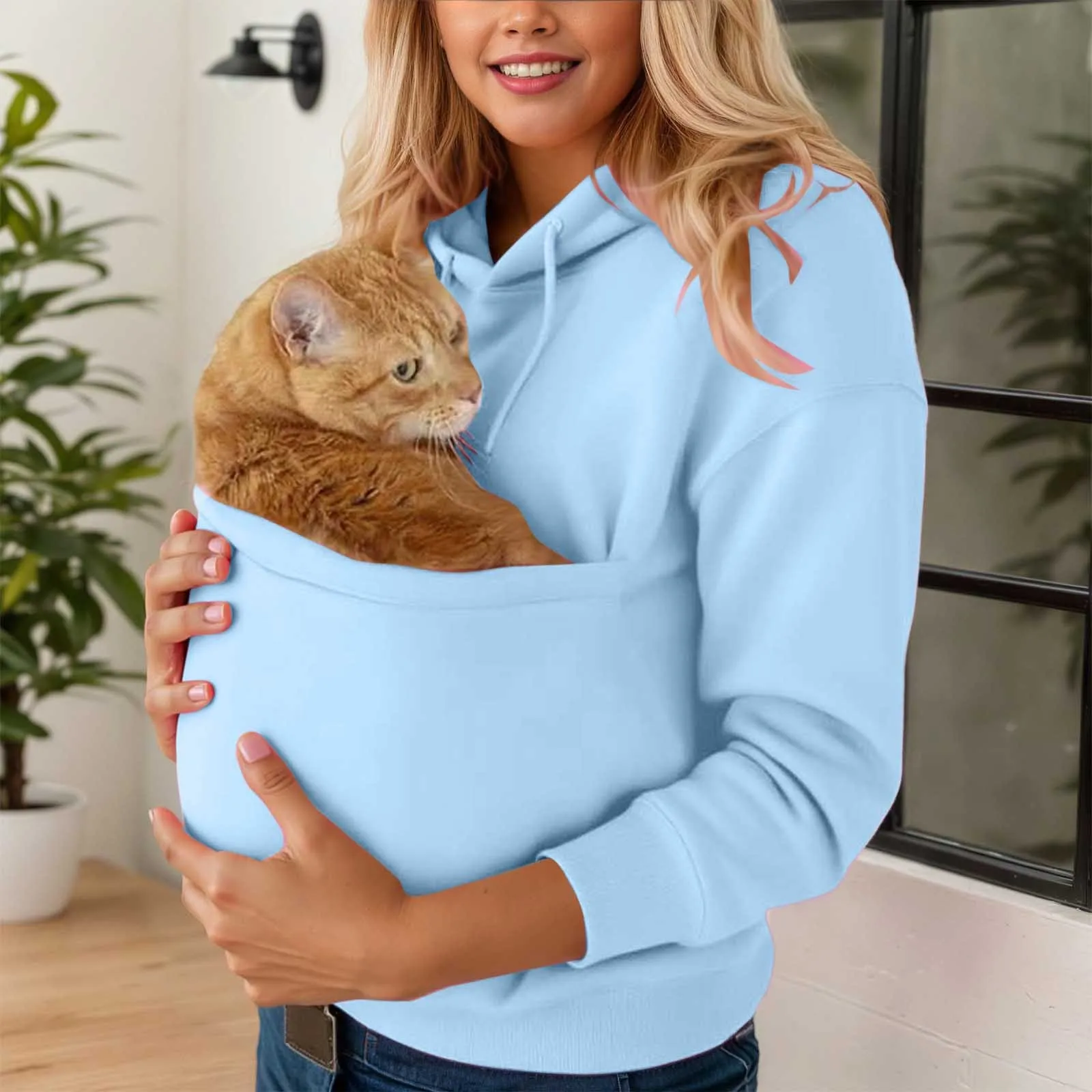 Cat Pet Kangaroo Pocket Hoodie Sweatershirts For Women Plus Size Solid Color Autumn Winter Casual Loose Pullover For Men Women
