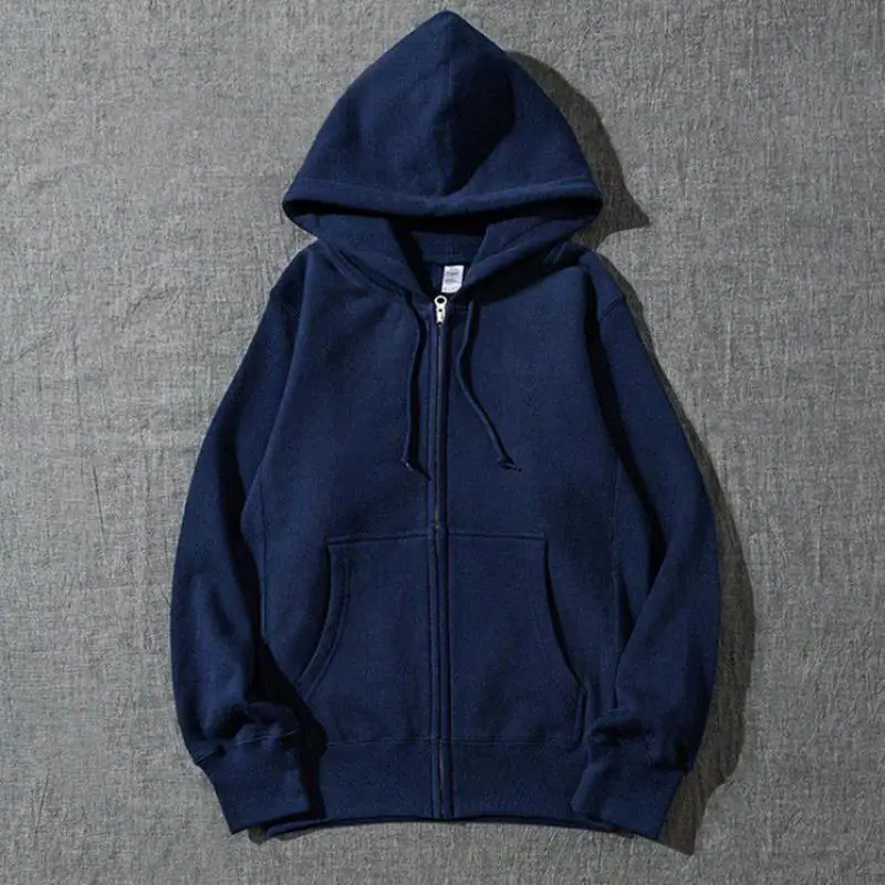 Good Quality Zip Hooded Women And Men Sweatshirt Navy Blue Cotton Casual Street Wear Loose Y2k Spring Autumn Solid Hoodie Jacket