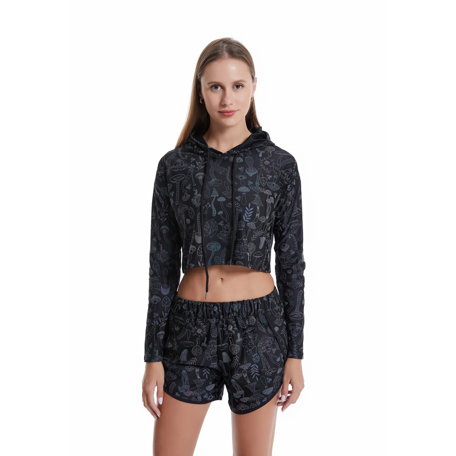 Spring Autumn Women Colorful Reflective Pullover Hoodies Y2K Harajuku Mushroom Printed Long Sleeve Crop Tops Sudadera Кофта