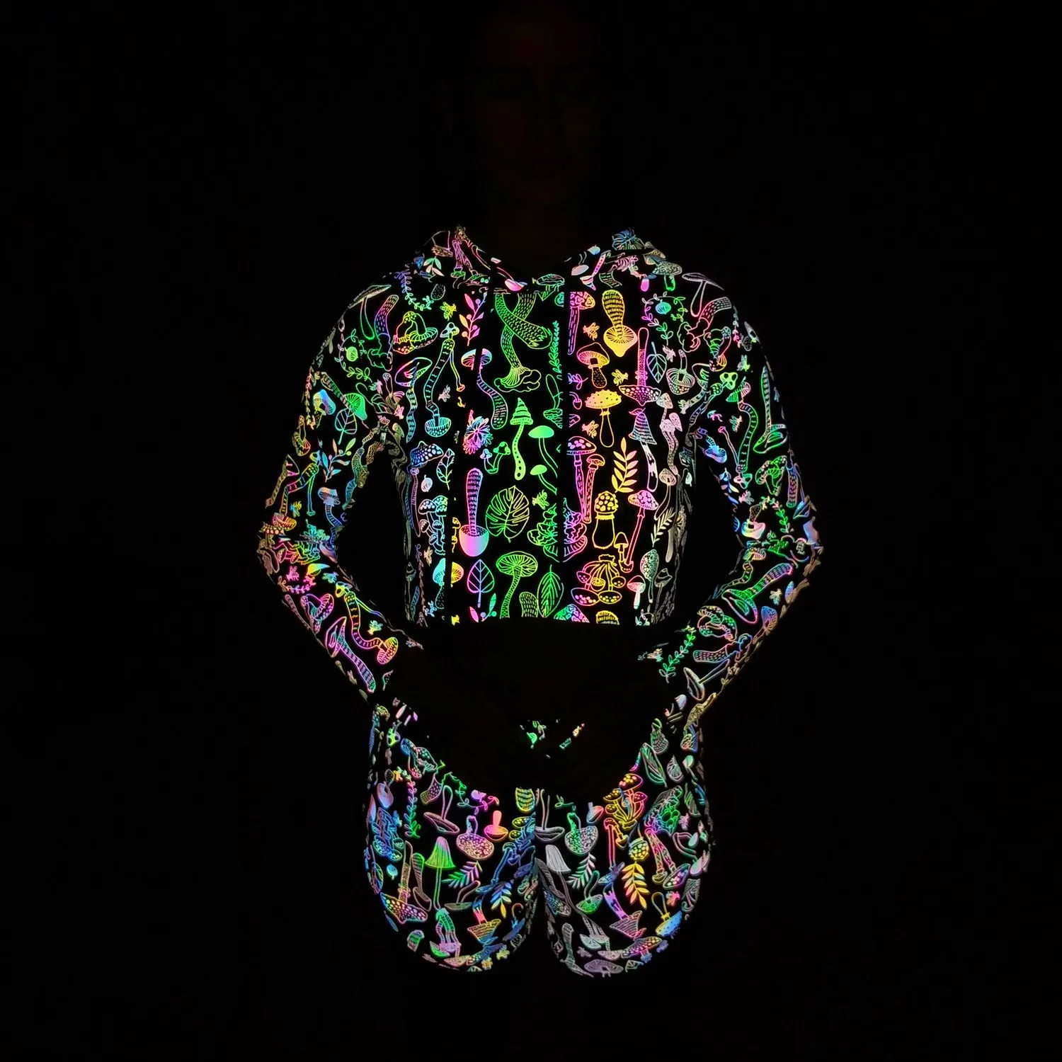 Spring Autumn Women Colorful Reflective Pullover Hoodies Y2K Harajuku Mushroom Printed Long Sleeve Crop Tops Sudadera Кофта