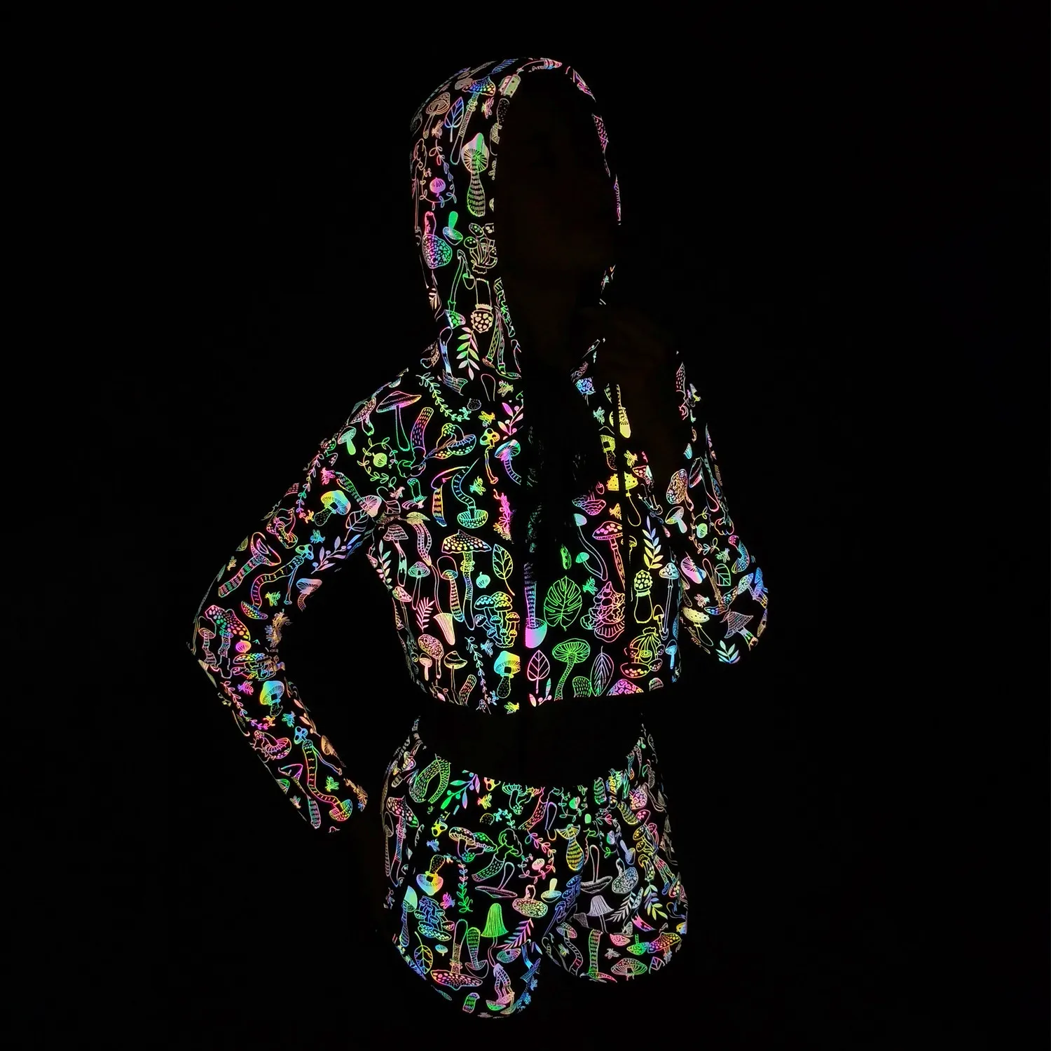Spring Autumn Women Colorful Reflective Pullover Hoodies Y2K Harajuku Mushroom Printed Long Sleeve Crop Tops Sudadera Кофта