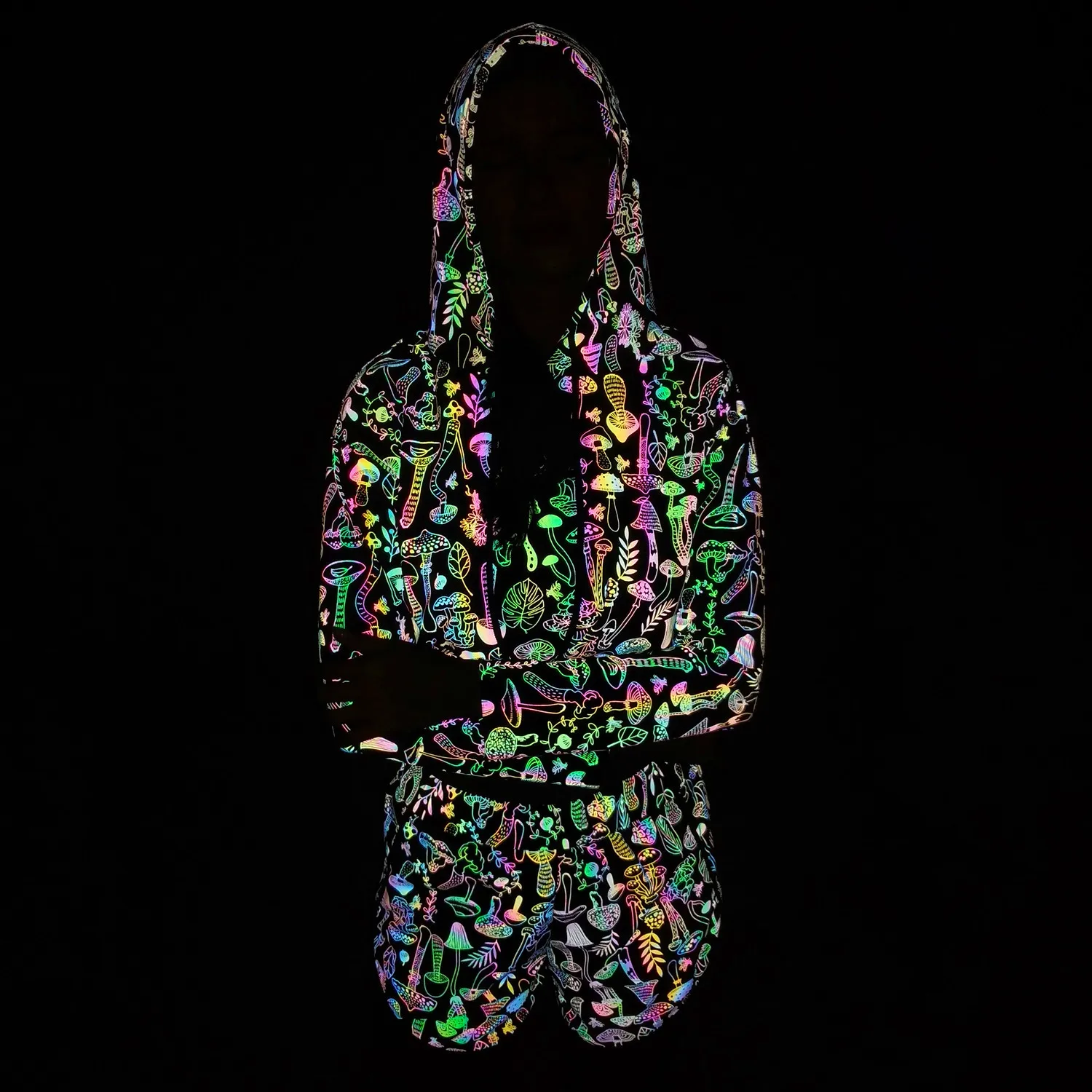 Spring Autumn Women Colorful Reflective Pullover Hoodies Y2K Harajuku Mushroom Printed Long Sleeve Crop Tops Sudadera Кофта