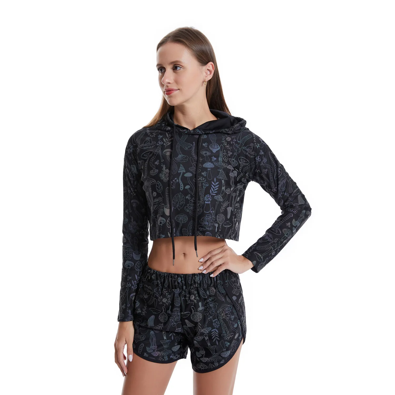 Spring Autumn Women Colorful Reflective Pullover Hoodies Y2K Harajuku Mushroom Printed Long Sleeve Crop Tops Sudadera Кофта