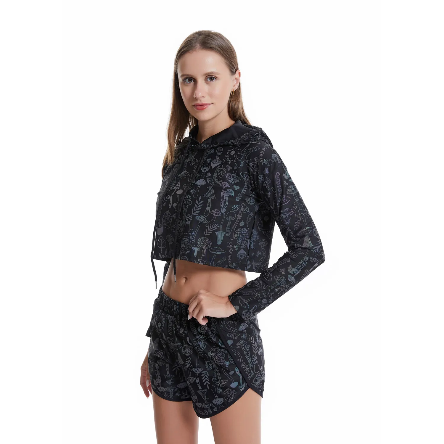 Spring Autumn Women Colorful Reflective Pullover Hoodies Y2K Harajuku Mushroom Printed Long Sleeve Crop Tops Sudadera Кофта