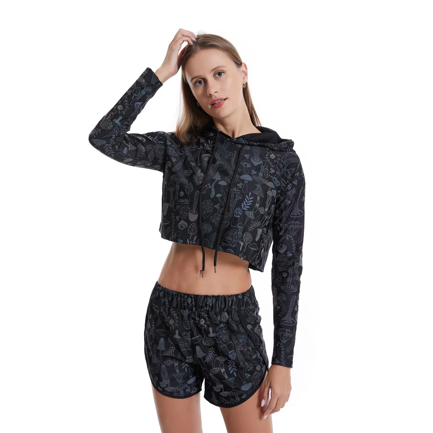 Spring Autumn Women Colorful Reflective Pullover Hoodies Y2K Harajuku Mushroom Printed Long Sleeve Crop Tops Sudadera Кофта