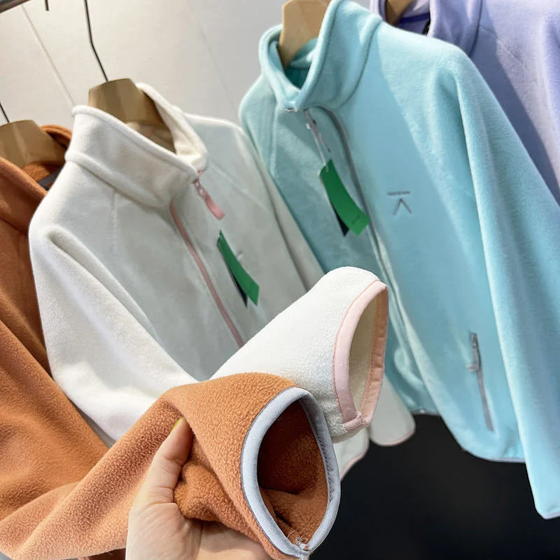 Spring Autumn Outdoor Sports Polar Fleece Sweatshirt Women's Stand-up Collar Zip-up Short Coat Quick-drying Thick Warm Outerwear