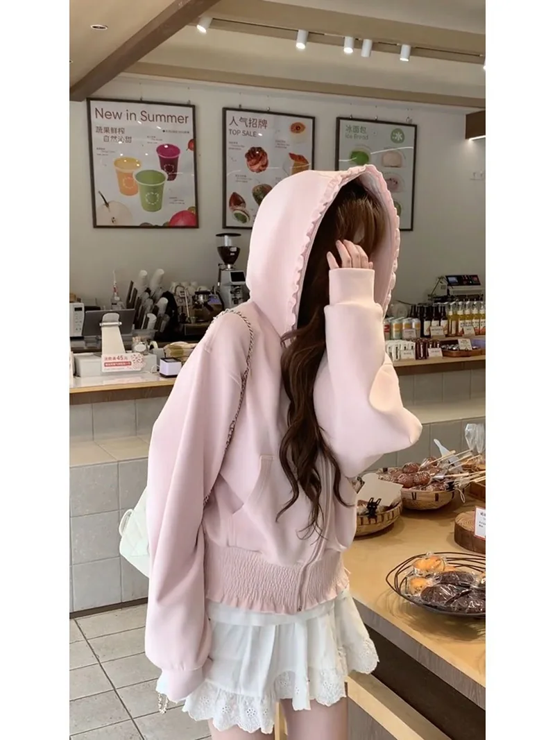 Sweet Kawaii Pink Hoodies Women Long Sleeve Elegant Ruffles Cute Sweatshirts Japan Casual Pockets Preppy Style Lady Vintage Tops