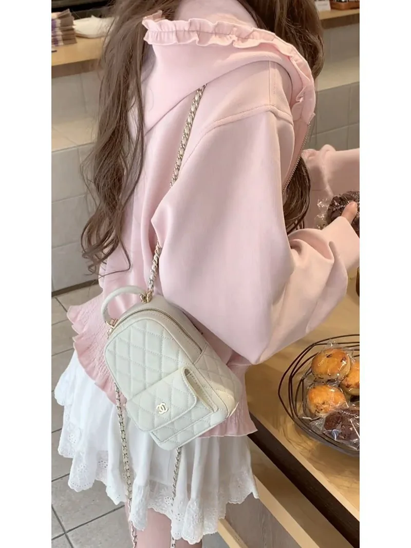 Sweet Kawaii Pink Hoodies Women Long Sleeve Elegant Ruffles Cute Sweatshirts Japan Casual Pockets Preppy Style Lady Vintage Tops