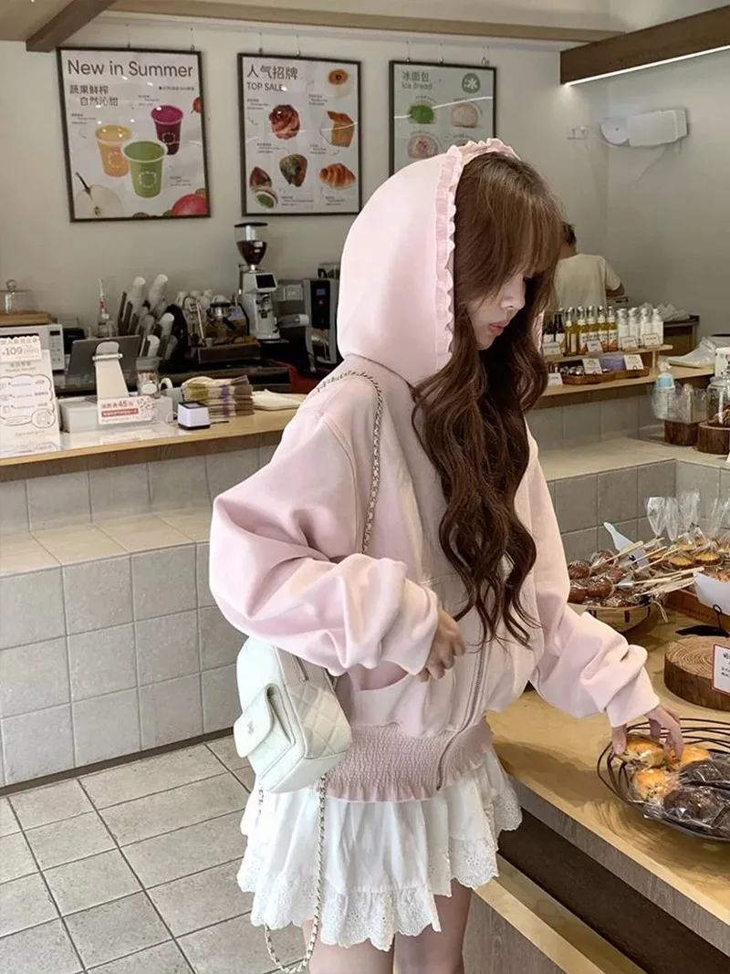Sweet Kawaii Pink Hoodies Women Long Sleeve Elegant Ruffles Cute Sweatshirts Japan Casual Pockets Preppy Style Lady Vintage Tops