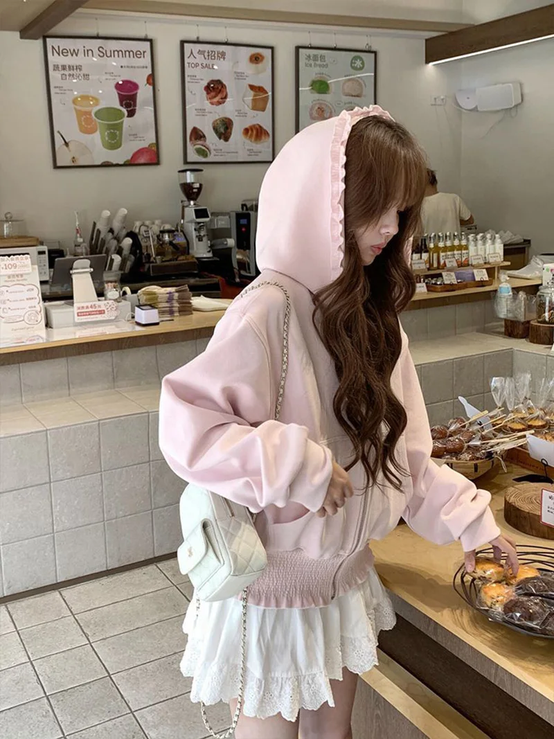 Sweet Kawaii Pink Hoodies Women Long Sleeve Elegant Ruffles Cute Sweatshirts Japan Casual Pockets Preppy Style Lady Vintage Tops