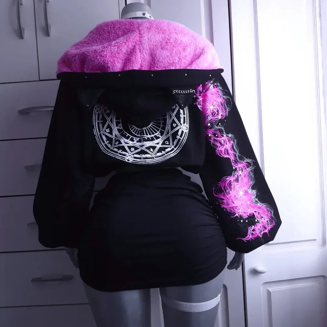 Black Cat Ear Hooded Jacket Womens Pink Fluffy Lining Mystical Magic Circle Back Print Flame Sleeve Print Zip Up Warm Outerwear