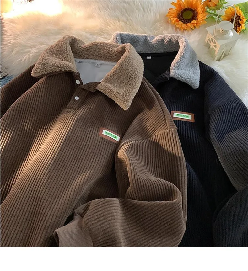 CGC Harajuku Corduroy Polo Neck Sweatshirt Warm Plush Lambswool Hoodies Women Casual Pullovers Outerwears Autumn Winter Clothes