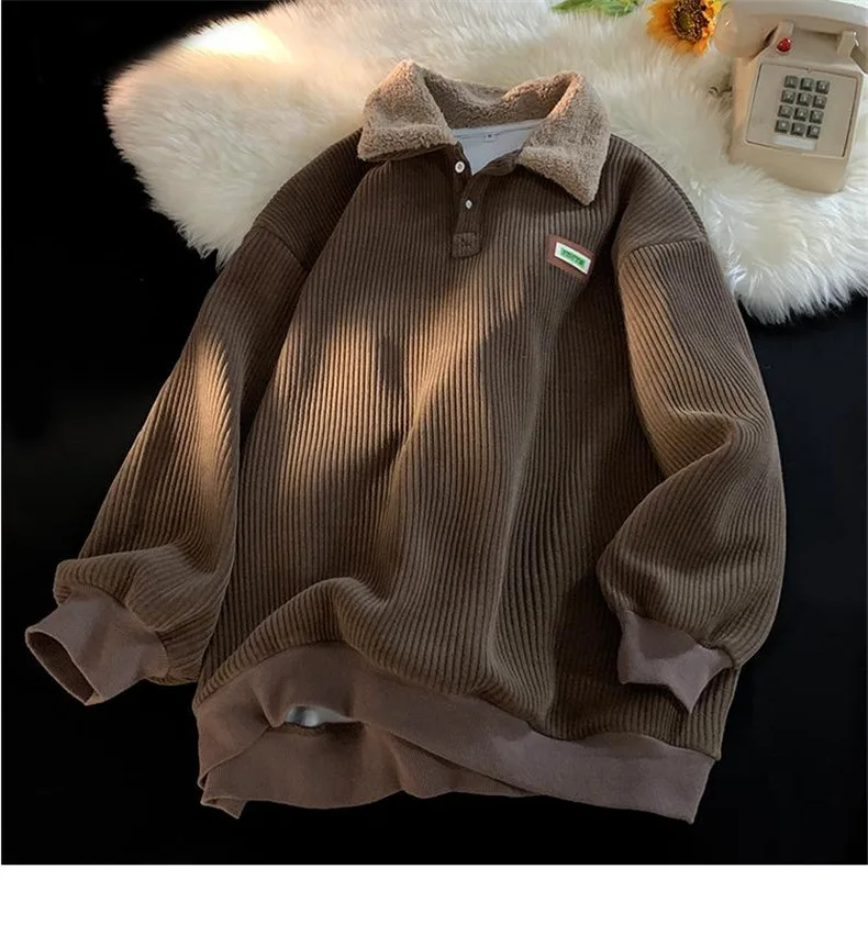 CGC Harajuku Corduroy Polo Neck Sweatshirt Warm Plush Lambswool Hoodies Women Casual Pullovers Outerwears Autumn Winter Clothes