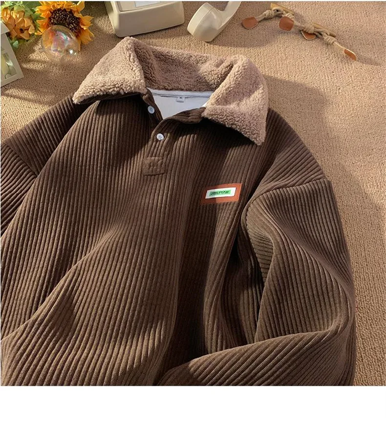 CGC Harajuku Corduroy Polo Neck Sweatshirt Warm Plush Lambswool Hoodies Women Casual Pullovers Outerwears Autumn Winter Clothes