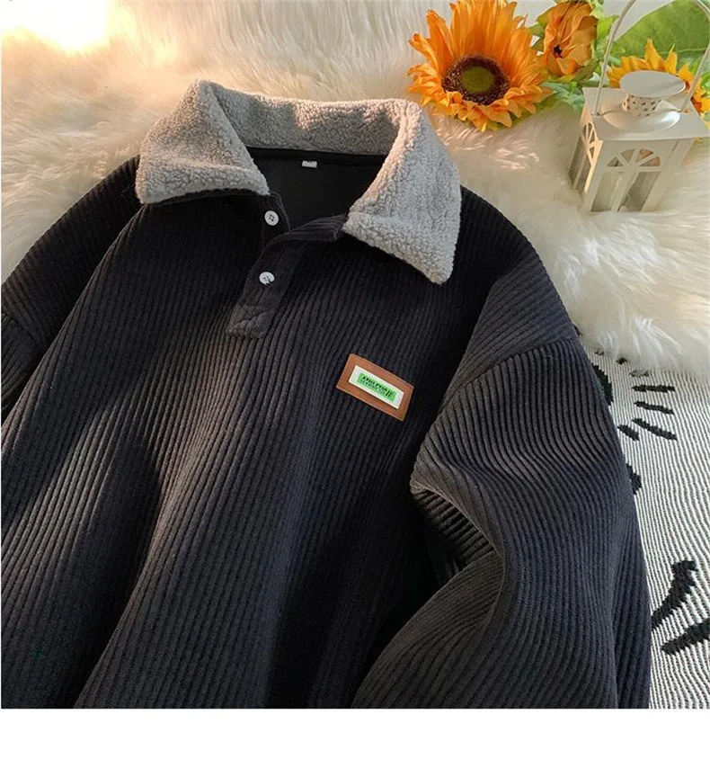 CGC Harajuku Corduroy Polo Neck Sweatshirt Warm Plush Lambswool Hoodies Women Casual Pullovers Outerwears Autumn Winter Clothes