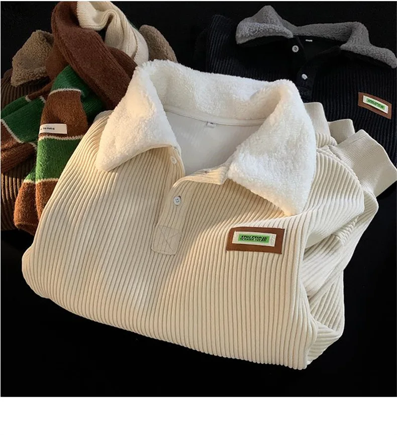 CGC Harajuku Corduroy Polo Neck Sweatshirt Warm Plush Lambswool Hoodies Women Casual Pullovers Outerwears Autumn Winter Clothes