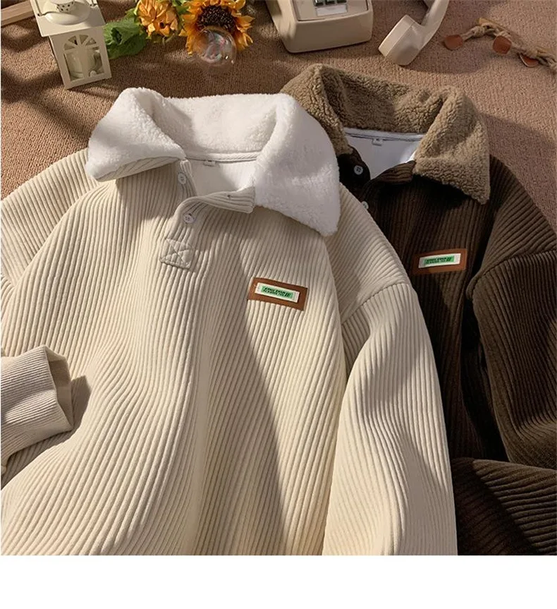 CGC Harajuku Corduroy Polo Neck Sweatshirt Warm Plush Lambswool Hoodies Women Casual Pullovers Outerwears Autumn Winter Clothes