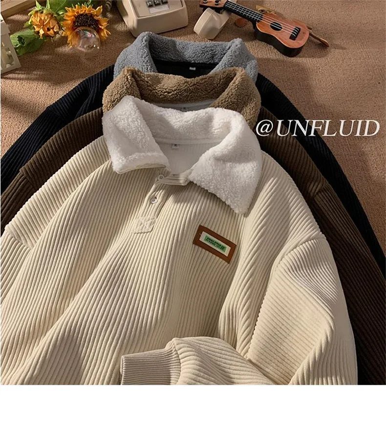 CGC Harajuku Corduroy Polo Neck Sweatshirt Warm Plush Lambswool Hoodies Women Casual Pullovers Outerwears Autumn Winter Clothes