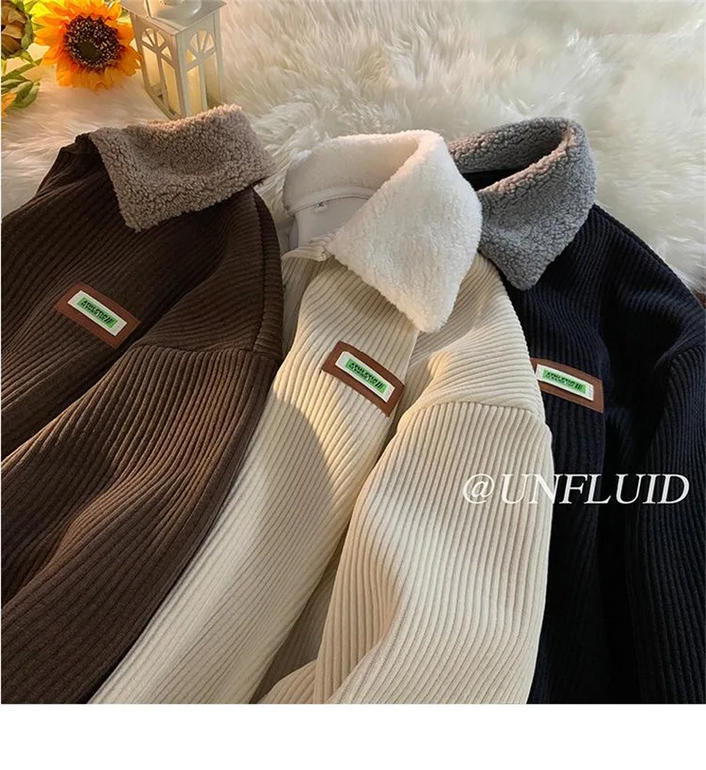 CGC Harajuku Corduroy Polo Neck Sweatshirt Warm Plush Lambswool Hoodies Women Casual Pullovers Outerwears Autumn Winter Clothes