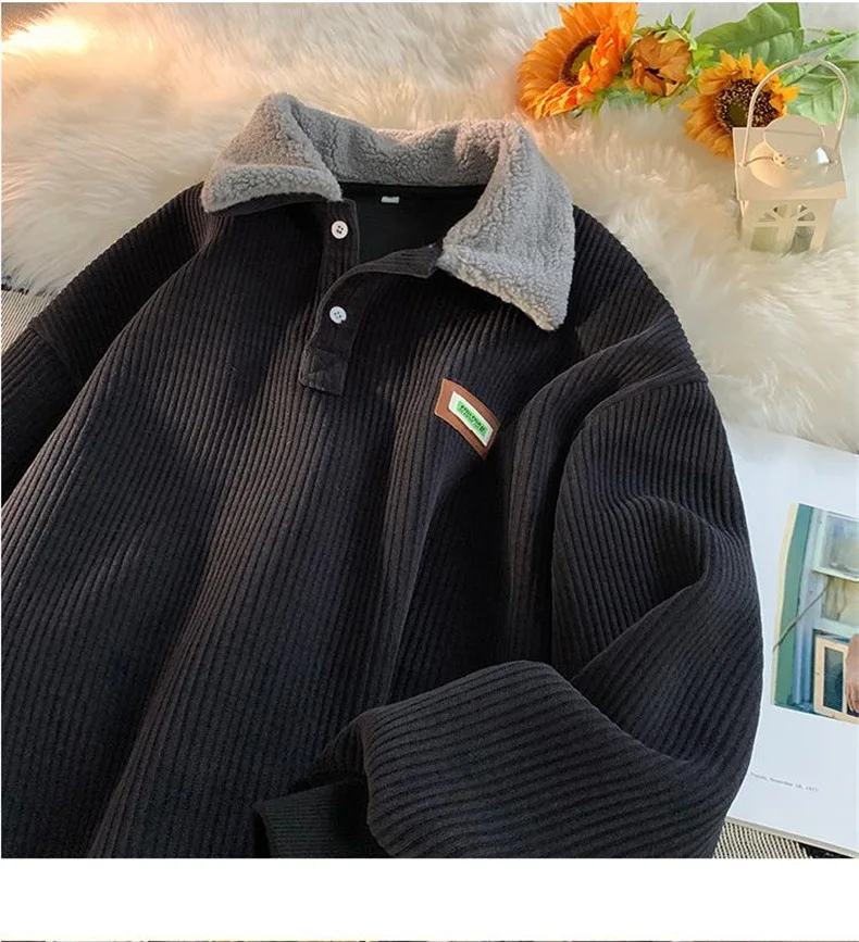 CGC Harajuku Corduroy Polo Neck Sweatshirt Warm Plush Lambswool Hoodies Women Casual Pullovers Outerwears Autumn Winter Clothes