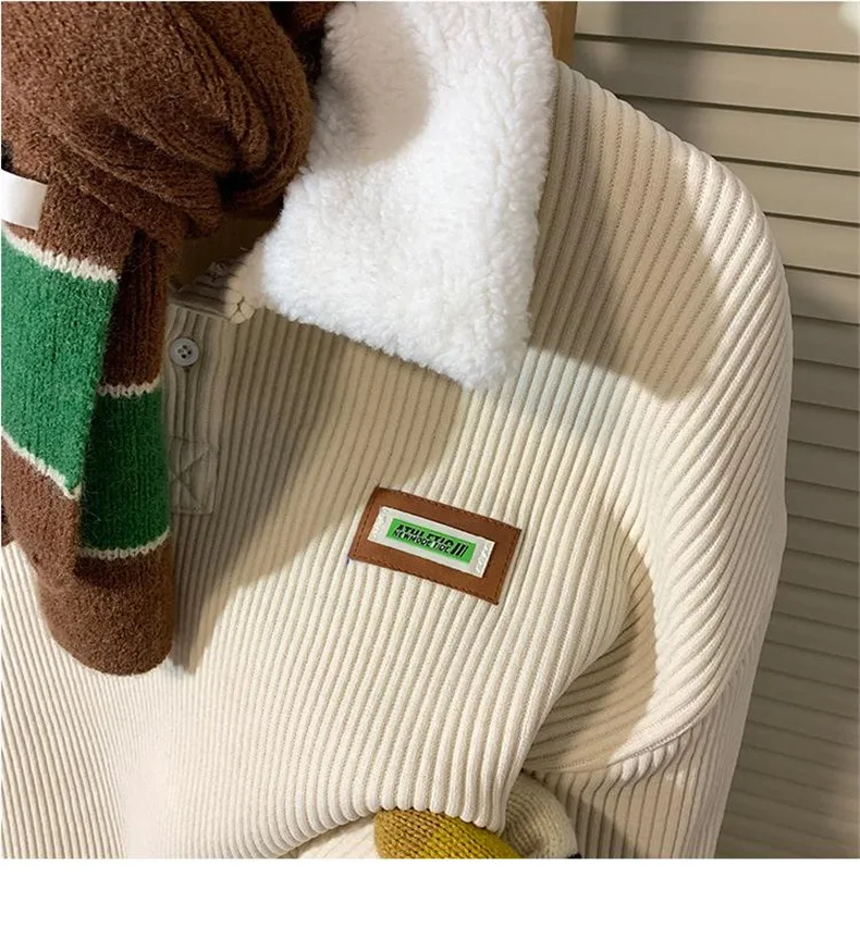 CGC Harajuku Corduroy Polo Neck Sweatshirt Warm Plush Lambswool Hoodies Women Casual Pullovers Outerwears Autumn Winter Clothes