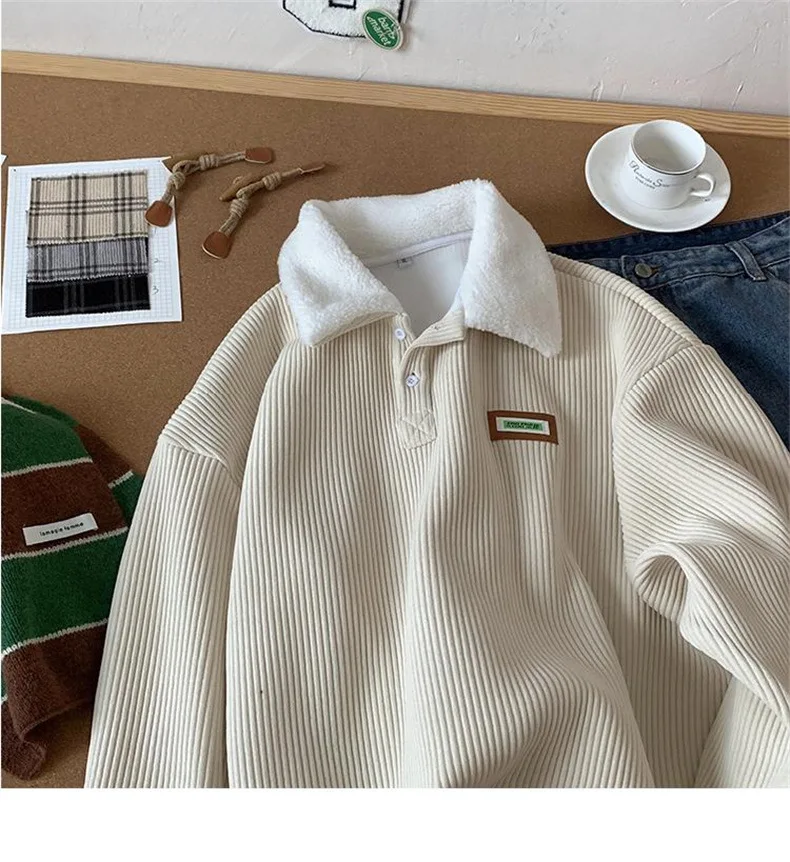 CGC Harajuku Corduroy Polo Neck Sweatshirt Warm Plush Lambswool Hoodies Women Casual Pullovers Outerwears Autumn Winter Clothes