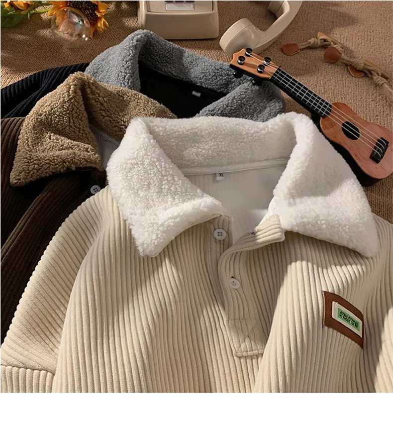 CGC Harajuku Corduroy Polo Neck Sweatshirt Warm Plush Lambswool Hoodies Women Casual Pullovers Outerwears Autumn Winter Clothes