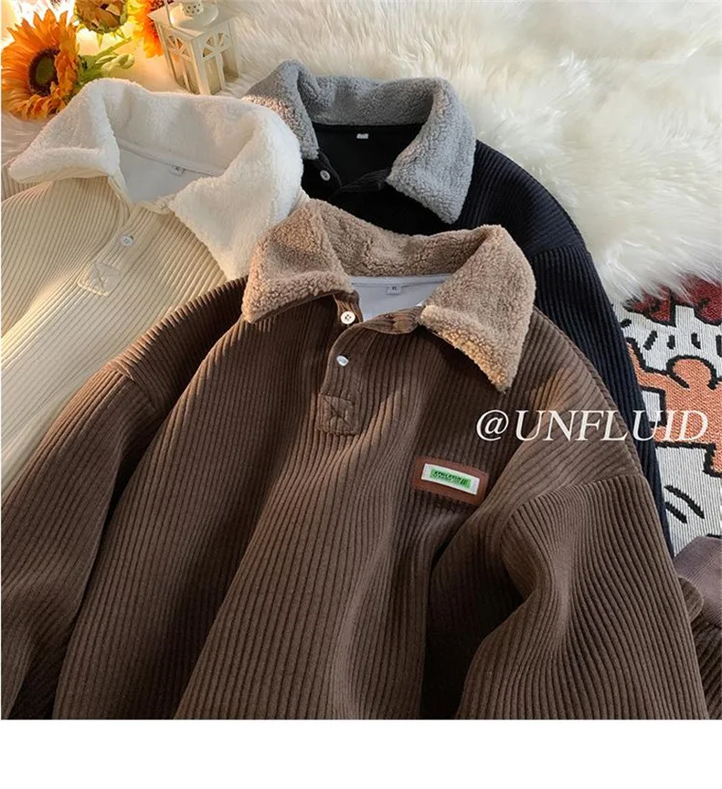 CGC Harajuku Corduroy Polo Neck Sweatshirt Warm Plush Lambswool Hoodies Women Casual Pullovers Outerwears Autumn Winter Clothes
