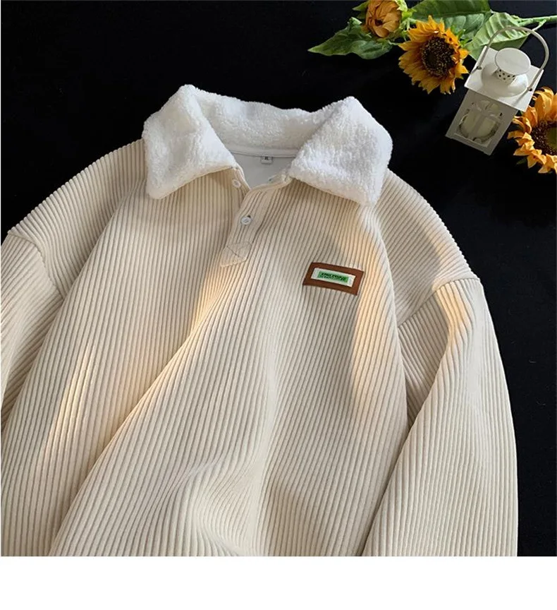 CGC Harajuku Corduroy Polo Neck Sweatshirt Warm Plush Lambswool Hoodies Women Casual Pullovers Outerwears Autumn Winter Clothes
