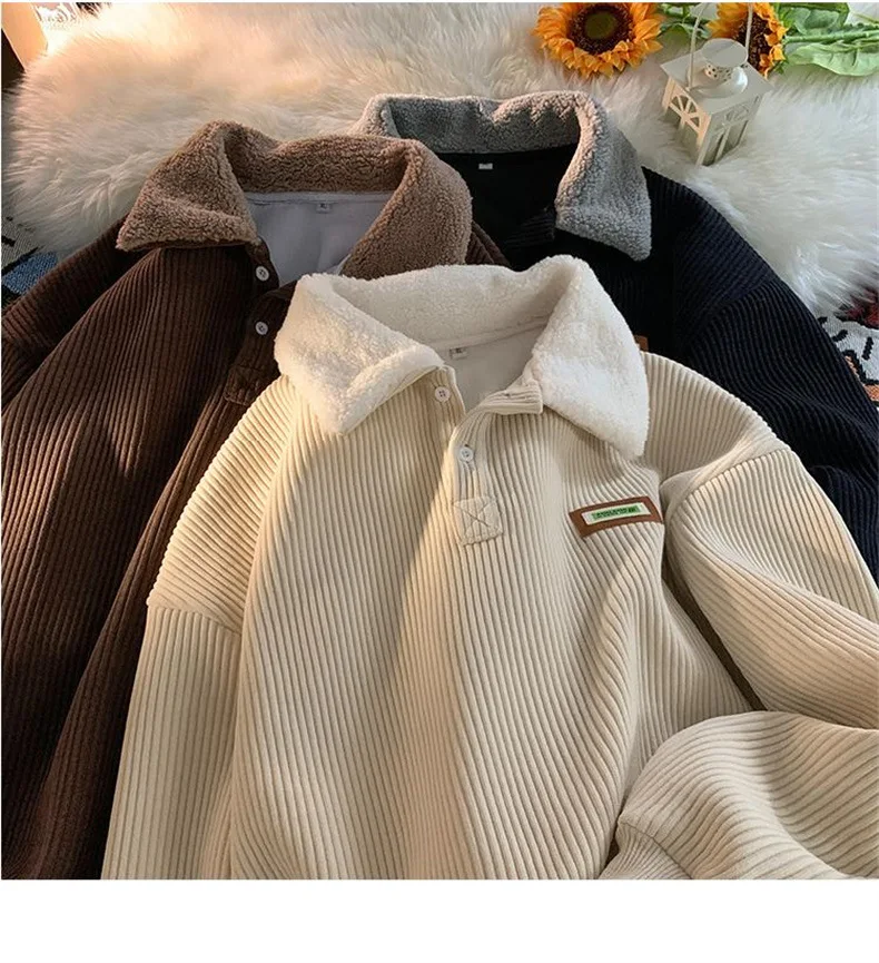 CGC Harajuku Corduroy Polo Neck Sweatshirt Warm Plush Lambswool Hoodies Women Casual Pullovers Outerwears Autumn Winter Clothes