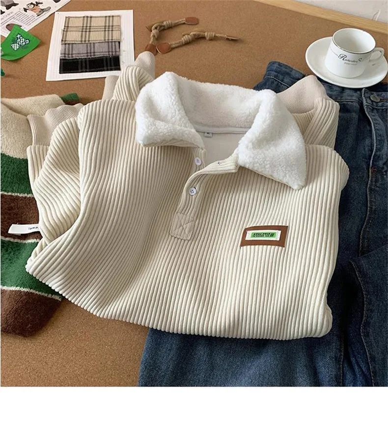 CGC Harajuku Corduroy Polo Neck Sweatshirt Warm Plush Lambswool Hoodies Women Casual Pullovers Outerwears Autumn Winter Clothes