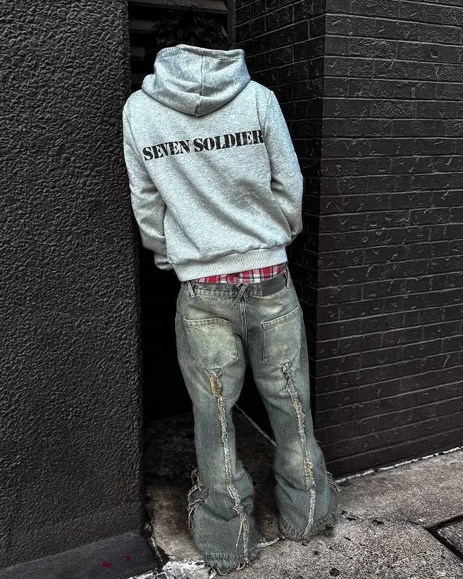 European and American Autumn and Winter Sports Hooded Pullover Retro Printing Pictures Men and Women Same Grey Loose Hoodie