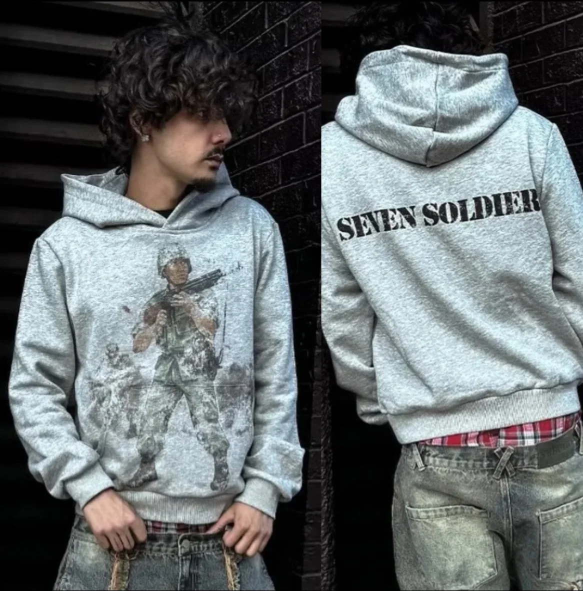 European and American Autumn and Winter Sports Hooded Pullover Retro Printing Pictures Men and Women Same Grey Loose Hoodie