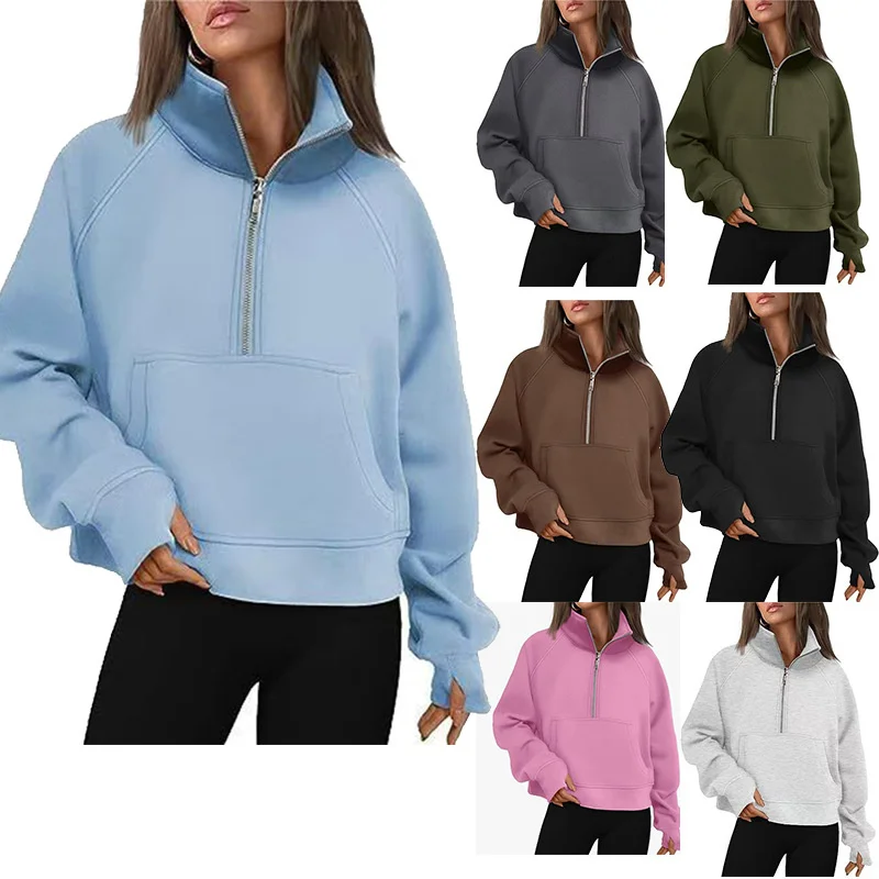 New Spring Autumn Stand Collar Solid Color Sweatshirt Long Sleeve Tops Loose Half Zip Pullover Women's Daily Casual Sweatshirt