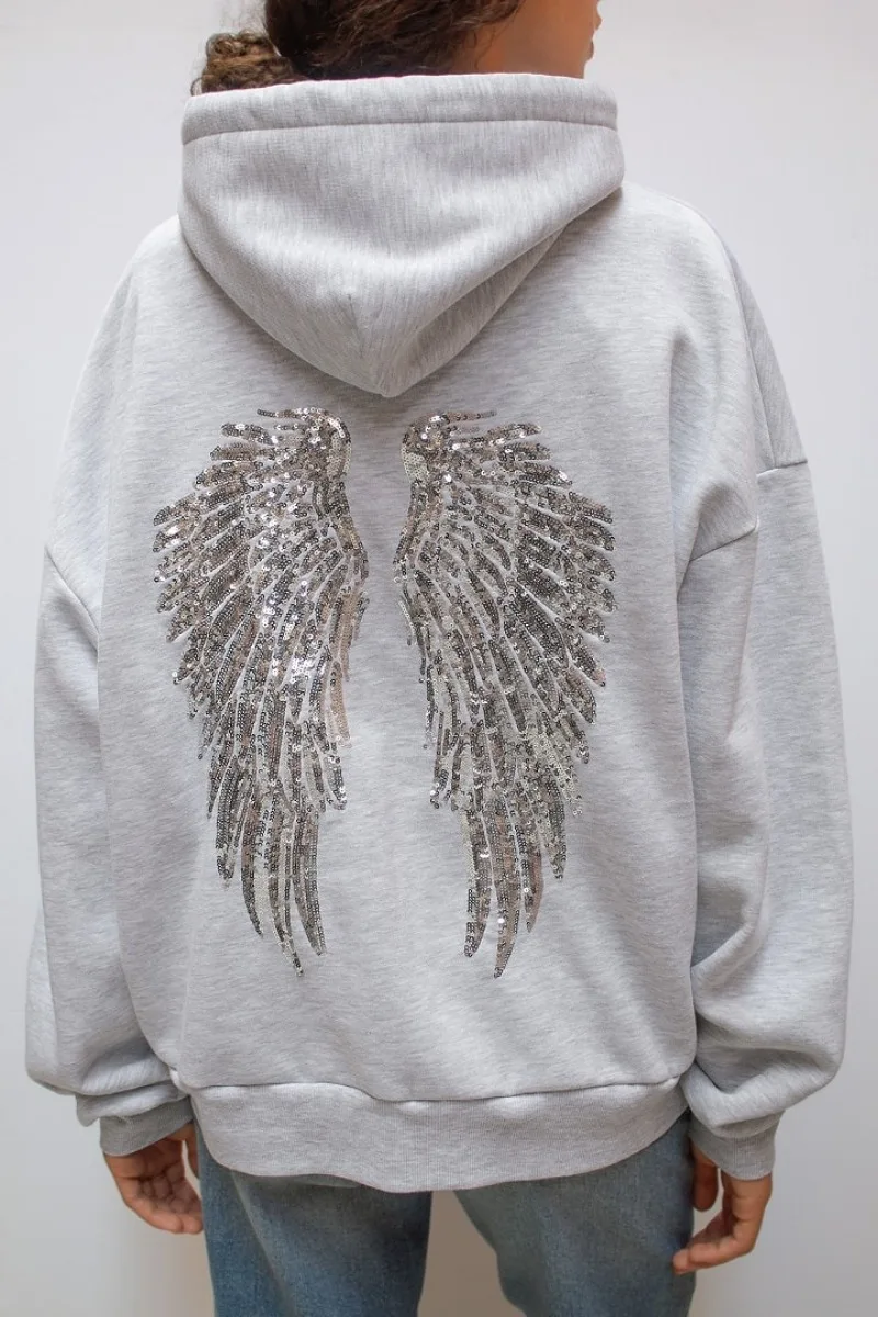Y2K Retro Wings Sequin Hoodie Angel Wings Ornament Sweatshirt Harajuku Sweet Lady Casual Streetwear Relaxed Fit Pullover Coat