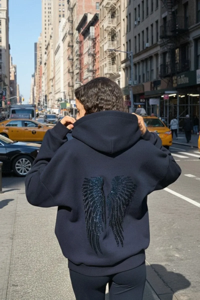 Y2K Retro Wings Sequin Hoodie Angel Wings Ornament Sweatshirt Harajuku Sweet Lady Casual Streetwear Relaxed Fit Pullover Coat