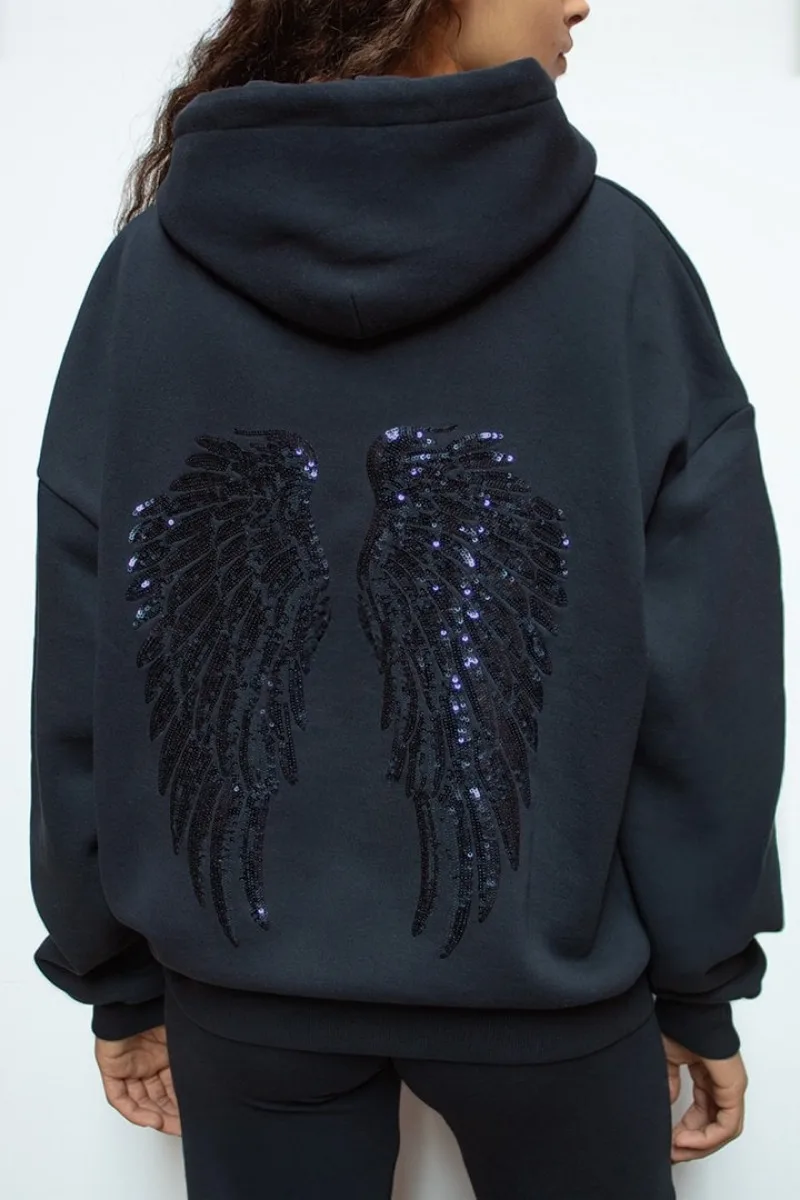 Y2K Retro Wings Sequin Hoodie Angel Wings Ornament Sweatshirt Harajuku Sweet Lady Casual Streetwear Relaxed Fit Pullover Coat