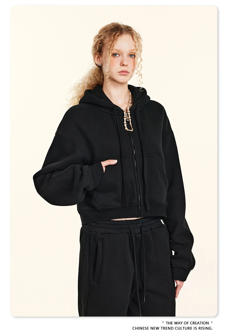 ZODF 2024 Winter Women Zipper Crop Hoodies Female Girls Solid 345gsm Warm Fleece Short Hooded Zip-Up Coat HY0911