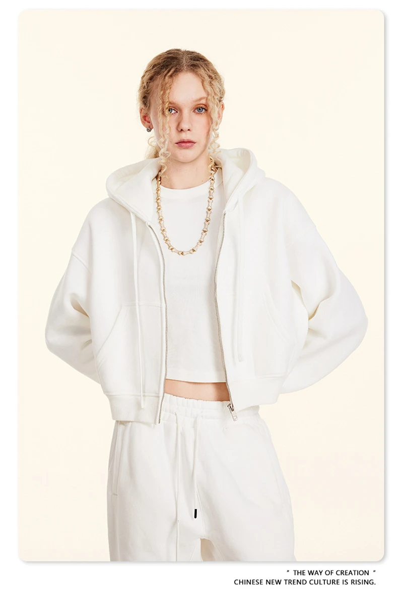 ZODF 2024 Winter Women Zipper Crop Hoodies Female Girls Solid 345gsm Warm Fleece Short Hooded Zip-Up Coat HY0911