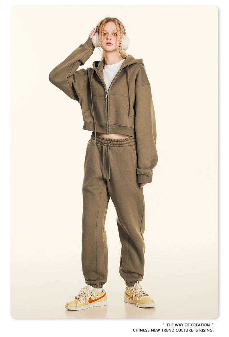 ZODF 2024 Winter Women Zipper Crop Hoodies Female Girls Solid 345gsm Warm Fleece Short Hooded Zip-Up Coat HY0911